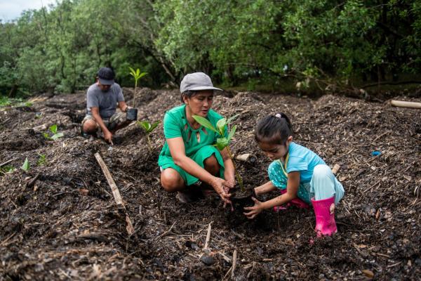 Family planting seeds